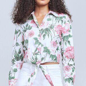 L'AGENCE Gaia Tie Front Blouse in Ivory and Pink Rosa Print